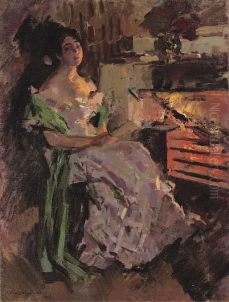 A Woman Reading By The Hearth Oil Painting by Konstantin Alexeievitch Korovin