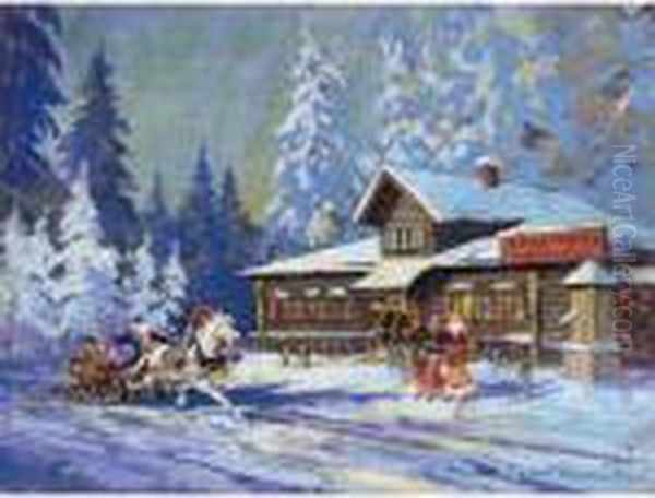 Sleigh Ride Through A Russian Village Oil Painting by Konstantin Alexeievitch Korovin