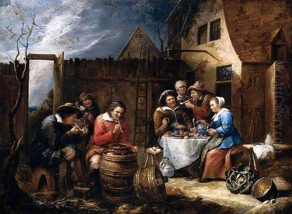 Boors Eating Drinking and Smoking outside a Cottage 1657 Oil Painting by Gillis van Tilborgh