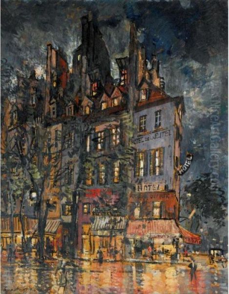 Parisian Street Corner At Night Oil Painting by Konstantin Alexeievitch Korovin