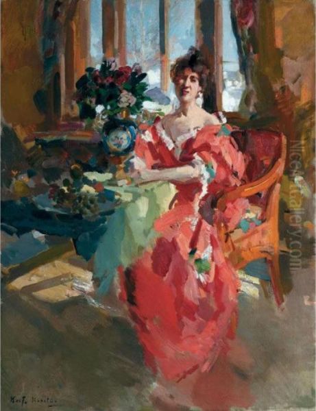 Portrait Of A Lady In A Red Dress Oil Painting by Konstantin Alexeievitch Korovin