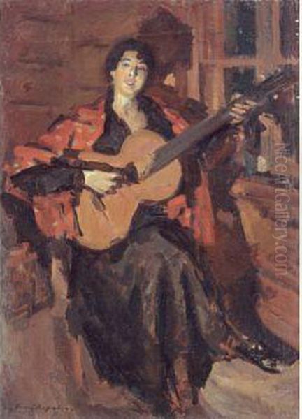 Woman With A Guitar Oil Painting by Konstantin Alexeievitch Korovin