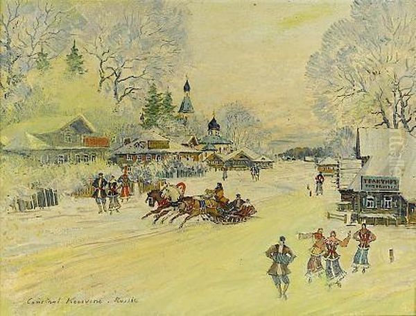 Winter In A Russian Village Oil Painting by Konstantin Alexeievitch Korovin