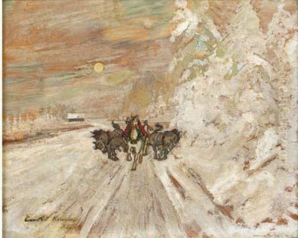 Chevaux Emballes Dans Le Paysage Enneige Oil Painting by Konstantin Alexeievitch Korovin