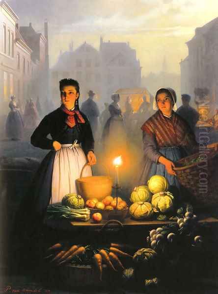 A Market Stall by Moonlight Oil Painting by Petrus van Schendel