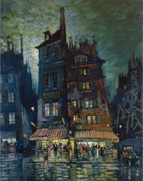 Street In Monmartre At Night Oil Painting by Konstantin Alexeievitch Korovin