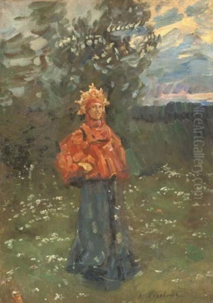 A Russian Maiden Oil Painting by Konstantin Alexeievitch Korovin