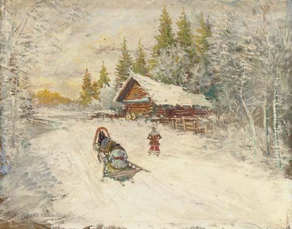 A Winter Scene With A Horse-drawn Sled Oil Painting by Konstantin Alexeievitch Korovin