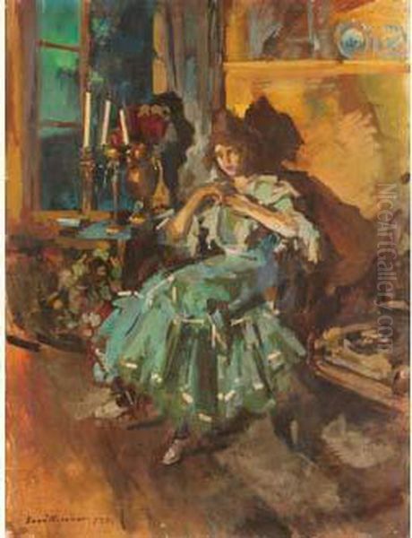 Ballerina In A Green Dress Oil Painting by Konstantin Alexeievitch Korovin