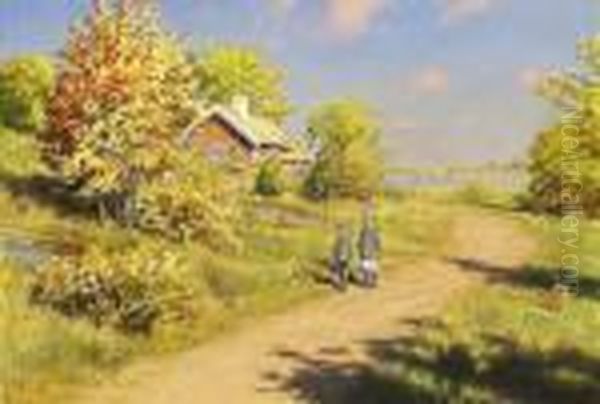 Pa Vag Till Skolan - Sommarlandskap Med Barn Vid Gard Oil Painting by Johan Krouthen