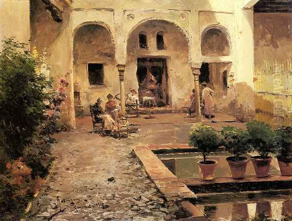 Figures in a Spanish Courtyard Oil Painting by Manuel Garcia y Rodriguez