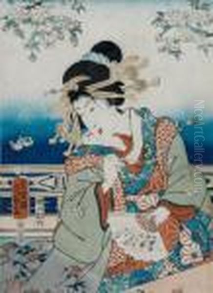 Der Schauspieler Onnagata In Einer Frauenrolle Mit Facher Oil Painting by Kunisada