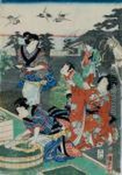 Dame Beobachtet Frauen Bei Der Gartenarbeit Oil Painting by Kunisada