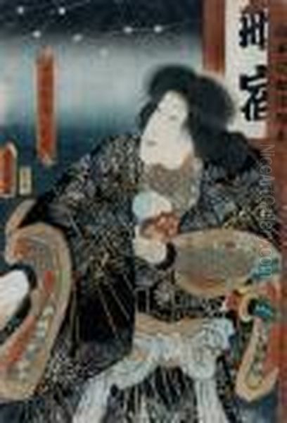 Samurai Mit Saugling Im Arm Betrachtet Die Sterne Oil Painting by Kunisada