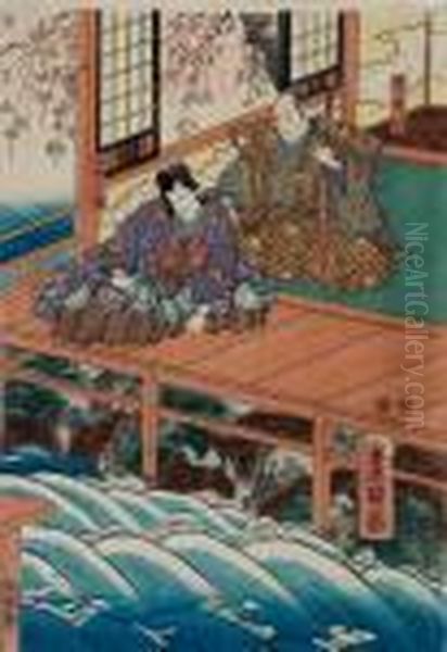 Shogun Und Samurai Am Wasserfall Unter Sakura-bluten Oil Painting by Kunisada