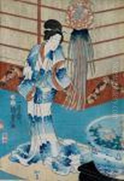 Geisha Auf Veranda Betrachtet Goldfische In Bemaltem Becken Oil Painting by Kunisada