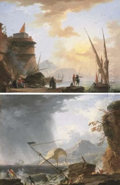 Le Temps Calme: Des Marchands 
Turcs Et Des Pecheurs Relevant Leurs Filets A La Sortie D'un Port; Et La
 Tempete : Des Hommes Au Secours D'un Navire Echoue Sur Des Rochers Oil Painting by Charles Francois Lacroix de Marseille