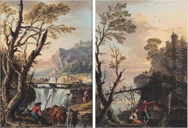 A River Landscape With A Drover Watering His Cattle Before A Bridge Oil Painting by Charles Francois Lacroix de Marseille