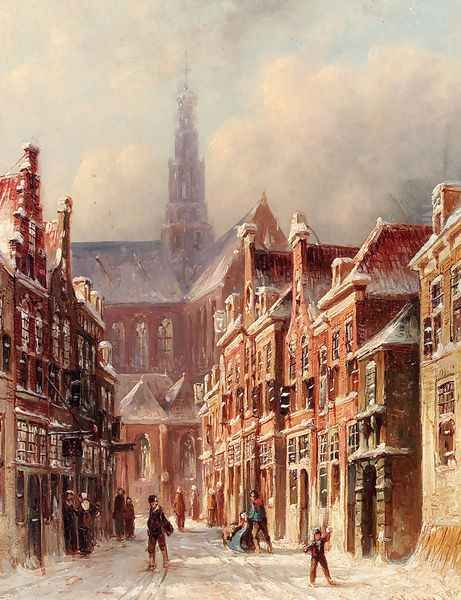 A Snowy Street With The St. Bavo Beyond, Haarlem Oil Painting by Pieter Gerard Vertin