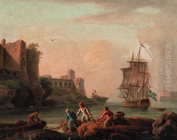 A Swedish Man-o'war Running Into
 A Mediterranean Port; And Abeached Xebec In A Fortified Port Oil Painting by Charles Francois Lacroix de Marseille