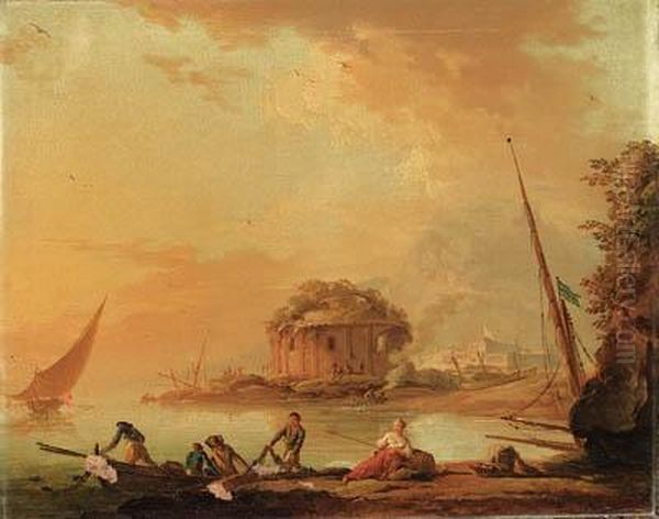 Fisherfolk Pulling In Their Nets
 At Dusk By A Mediterraneanharbour, A Classical Ruin Beyond Oil Painting by Charles Francois Lacroix de Marseille