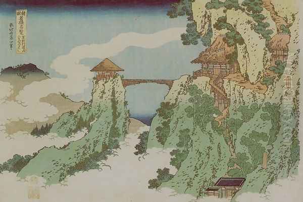 Hanging-Cloud Bridge at Mount Gyodo near Ashikaga (Ashikaga Gyodozan Kumo no kakehashi) Oil Painting by Katsushika Hokusai