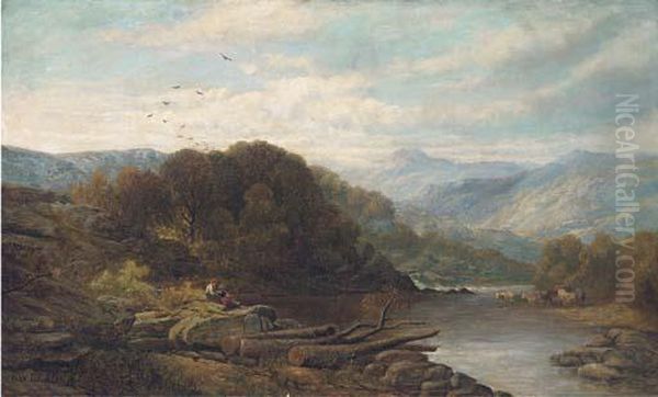 Cattle And Figures By A Lake In An Extensive Welsh Landscape Oil Painting by Benjamin Williams Leader