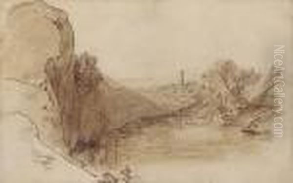 A Ruined Tower In A River Landscape Oil Painting by Edward Lear