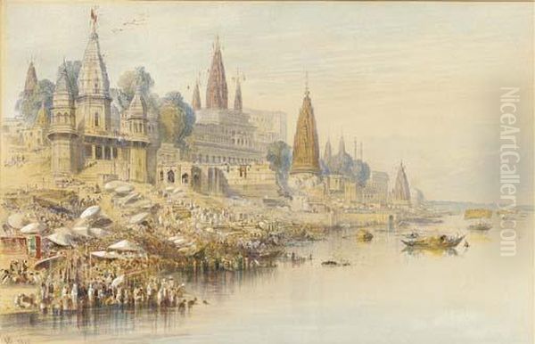 View Of The Ghats At Benares From The River Ganges Oil Painting by Edward Lear