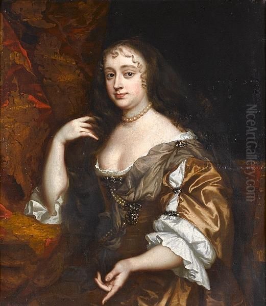 Portrait Of A Lady, Said To Be 
Lady Temple, Seated Half-length, In A Brown Dress With A White Chemise,
 Before An Embroidered Curtain Oil Painting by Sir Peter Lely