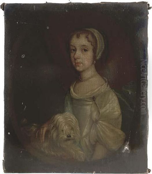 Portrait Of A Young Girl, 
Presumably A Member Of The Mostyn Family, Wearing A White Satin Dress 
With Blue Cloak, Holding A Dog Oil Painting by Sir Peter Lely