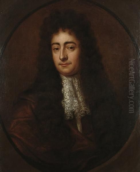 Portrait Of A Gentleman, Bust 
Length Wearing A Russet Coat And A Lace Jabot; Portrait Of A Lady, Bust 
Length Wearing A Blue And White Dress. Oil Painting by Sir Peter Lely