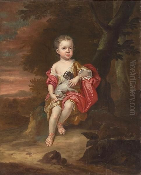 A Portrait Of A Young Boy, Full-length, Holding His Dog In An Extensive Landscape Oil Painting by Sir Peter Lely