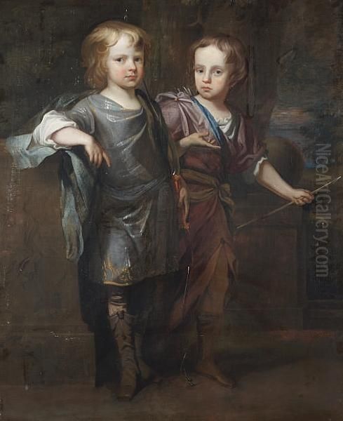 A Double Portrait Of Two Boys, 
Standing Full-lengths, In Classical Costume, One Holding A Bow, The 
Other An Arrow, A View To A Park Landscape Beyond Oil Painting by Sir Peter Lely