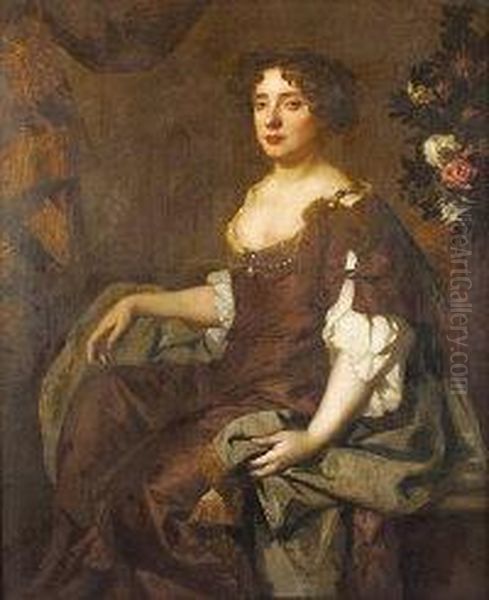 Half Length Portrait Of A Lady Seated Next To A Vase Of Flowers Oil Painting by Sir Peter Lely