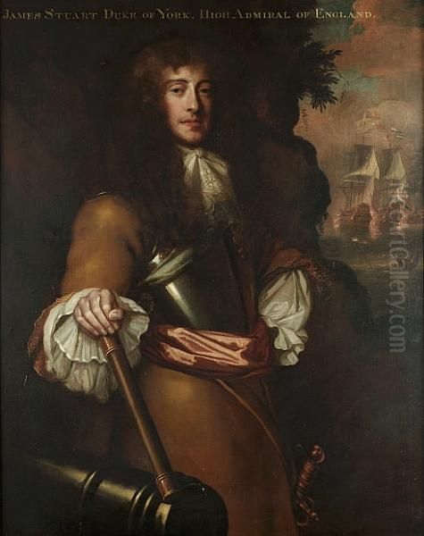 Portrait Of The Duke Of York, 
Later King James Ii (1633-1701), Three-quarter-length, In A Buff Coat, A
 Breastplate, Sash And A Lace Jabot, Holding A Baton, By A Cannon, A 
View To A Naval Engagement Beyond Oil Painting by Sir Peter Lely