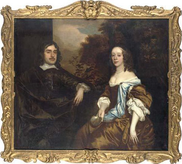 Double Portrait Of A Gentleman 
And A Lady, Possibly Members Of The Temple Family Of Stowe, Half-length,
 Seated In A Garden, He In A Dark Brown Suit And Cloak, She In A Brown 
Dress With Blue Shawl, Holding A Scallop Oil Painting by Sir Peter Lely