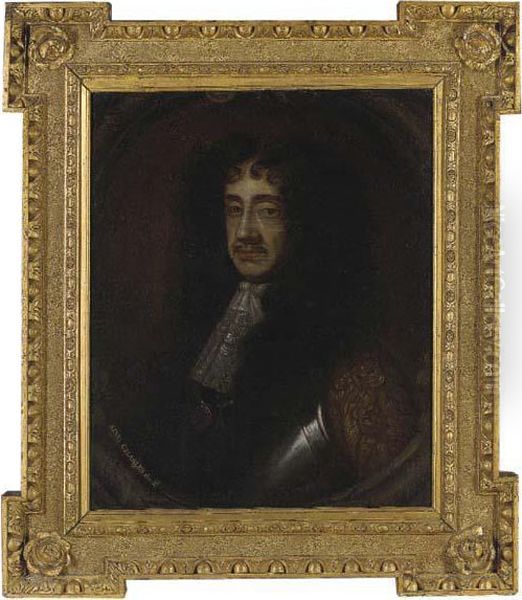 Portrait Of King Charles Ii 
(1630-1685), Quarter-length, In Armourand A Jabot, In A Sculpted 
Cartouche Oil Painting by Sir Peter Lely