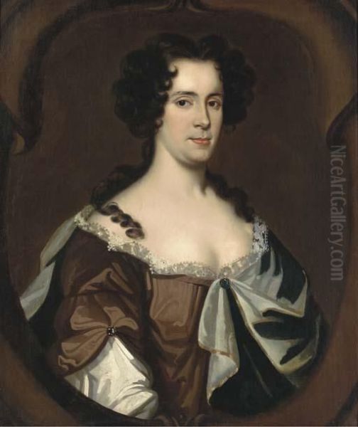 Portrait Of A Lady, Half-length, In A Brown Dress And Blue Wrap, Ina Sculpted Cartouche Oil Painting by Sir Peter Lely