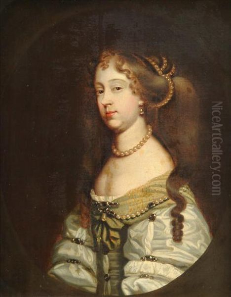 Portraitof A Lady Wearing A 
String Of Pearls Around Her Neck, And Pearls Inher Hair And Dress, Bust 
Length Oil Painting by Sir Peter Lely