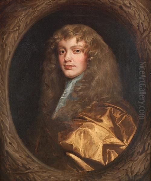 Portrait Of A Gentleman, 
Bust-length, In A Gold Robe With A White Jabot, In A Painted Cartouche Oil Painting by Sir Peter Lely