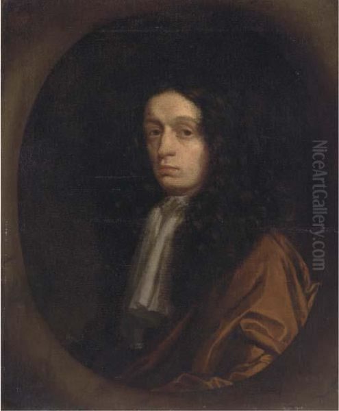 Portrait Of A Gentleman, Bust-length, In A Brown Cloak And Lacejabot, In A Feigned Oval Oil Painting by Sir Peter Lely