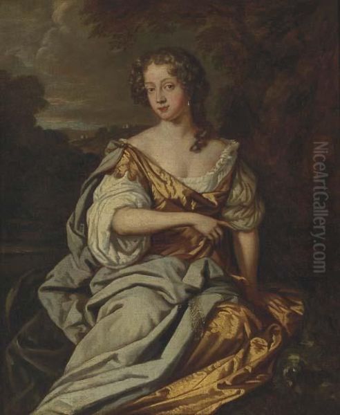 Portrait Of A Lady, Full Length,
 In A Golden Dress And Blue Silkshawl, Seated In A Landscape Oil Painting by Sir Peter Lely