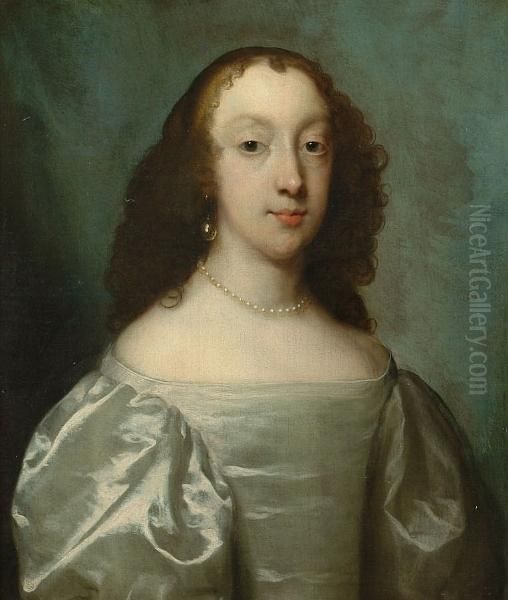 A Lady Wearing Pearls - Head And Shoulders Portrait Oil Painting by Sir Peter Lely