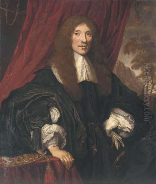 Portrait Of A Gentleman, 
Half-length, In A Black Gown With Lacecollar And Cuffs, His Right Hand 
Resting On A Table, A Red Curtainand Landscape Beyond Oil Painting by Sir Peter Lely