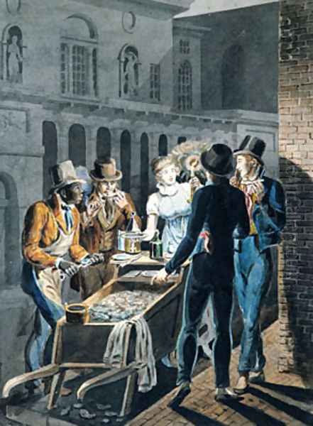 Nightlife in Philadelphia - an Oyster Barrow in front of the Chestnut Street Theater Oil Painting by John Lewis Krimmel