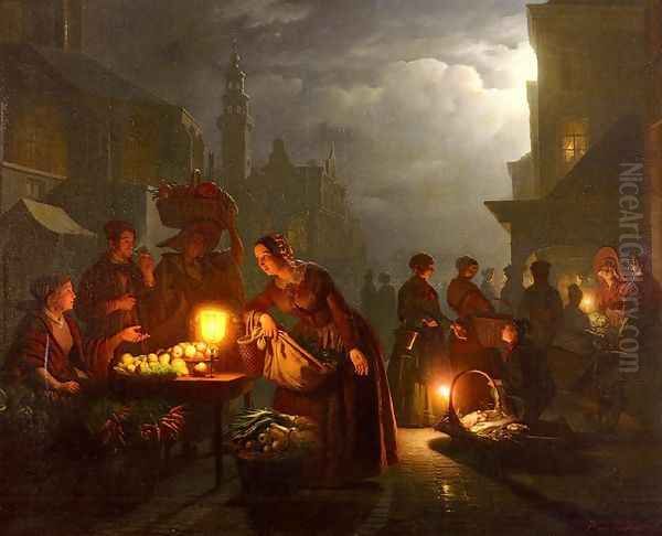 The Candlelit Market Oil Painting by Petrus van Schendel