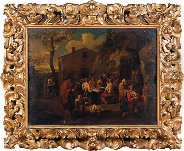 Convivio Rustico Presso Un Casolare Oil Painting by Johannes Lingelbach