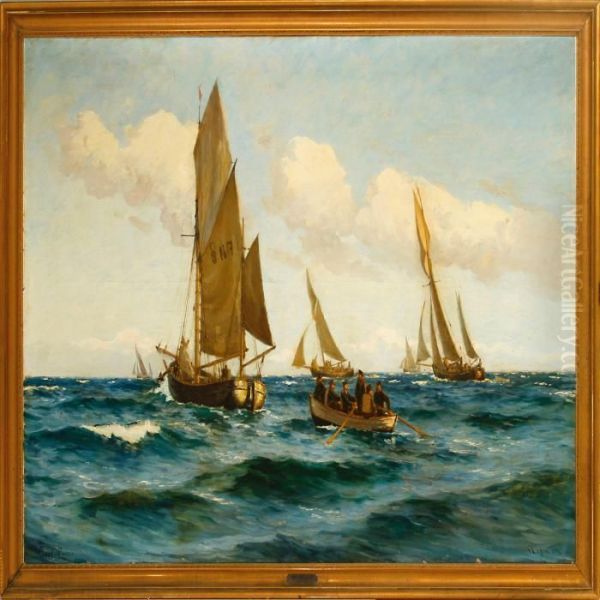 Fishing Boats At Sea Oil Painting by Carl Locher