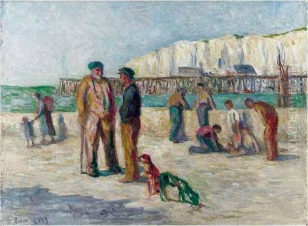 Le Treport, La Plage Et La Falaise Oil Painting by Maximilien Luce